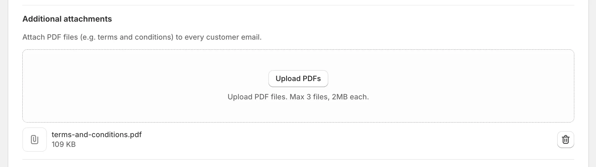 Invoice Inn, Automations, Email content & language card: the Additional attachments section with the “Upload PDFs” box (“Max 3 files, 2MB each”) and below it terms-and-conditions.pdf listed with its size and a bin icon.