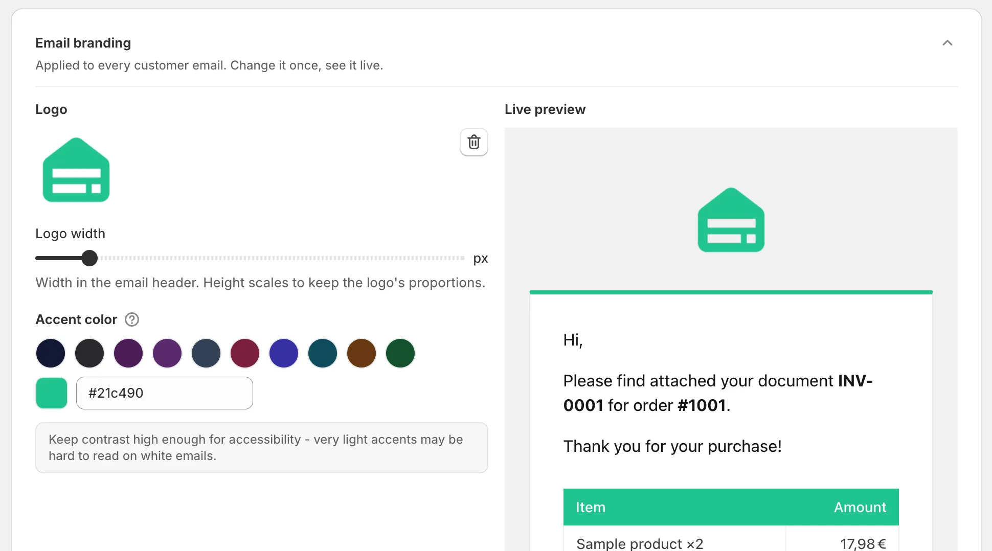 Invoice Inn, Automations: the Email branding card with a logo uploaded, the “Logo width” slider, the Accent color swatches with a custom hex value, and the Live preview of the email header and message.
