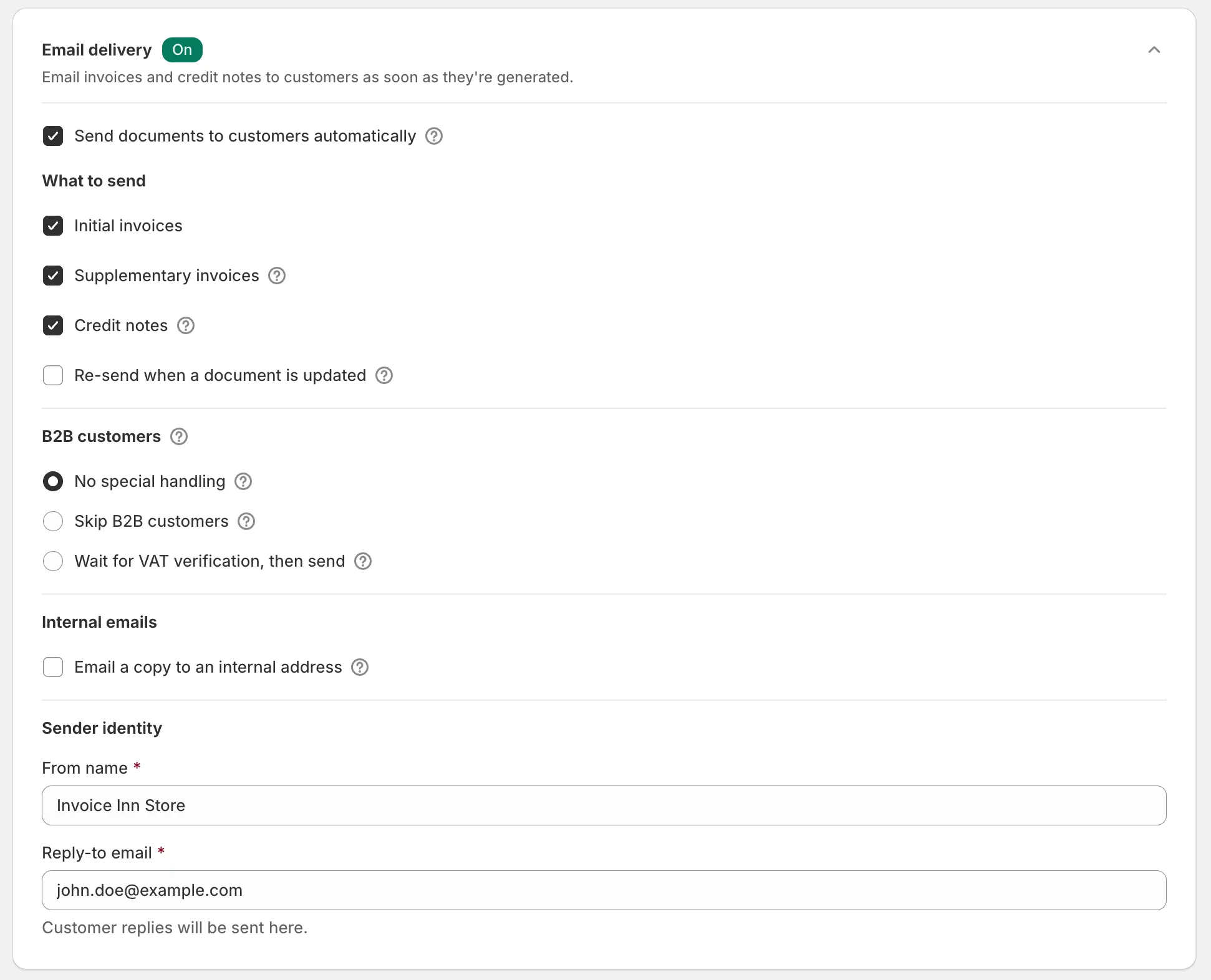 Invoice Inn, Automations page: the Email delivery card expanded and On, with “Send documents to customers automatically” ticked, the “What to send” boxes, the “B2B customers” options, “Internal emails” and the “Sender identity” fields.