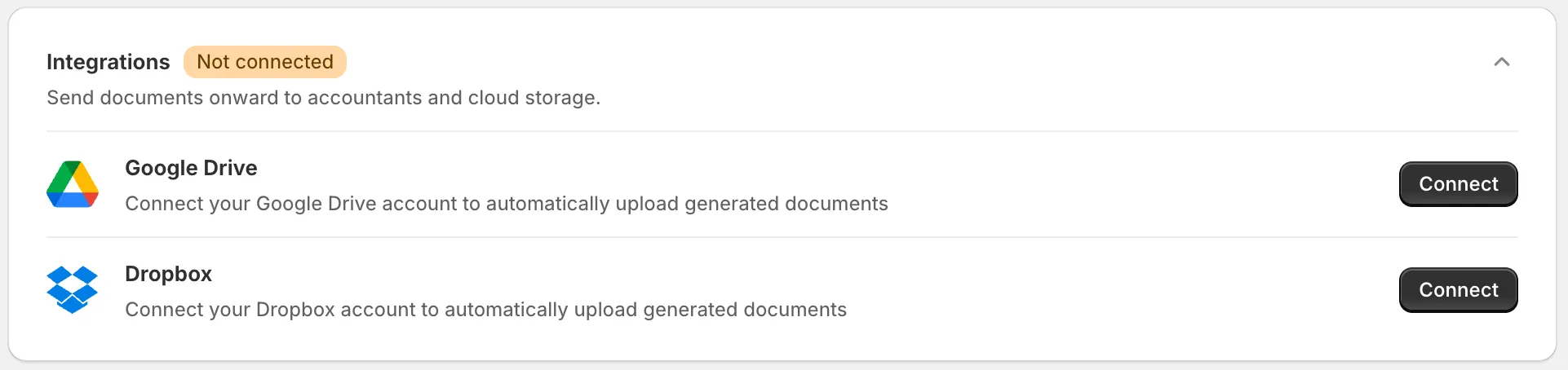 Invoice Inn, Automations page: the Integrations card expanded with the “Not connected” badge, and the Google Drive and Dropbox rows with their “Connect” buttons.