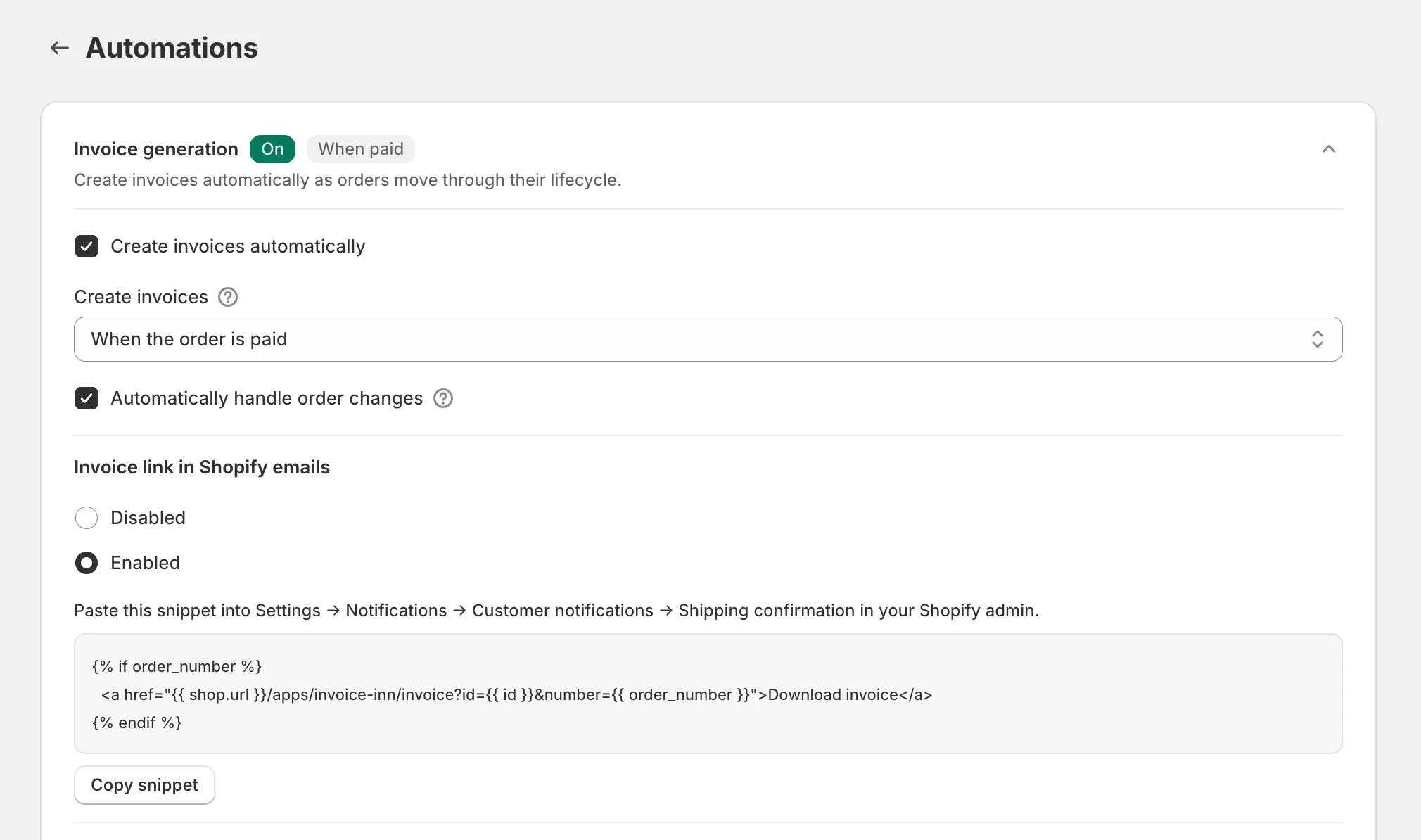 Invoice Inn, Automations page: the Invoice generation card with “Invoice link in Shopify emails” set to Enabled, the Liquid snippet shown below it and the “Copy snippet” button.