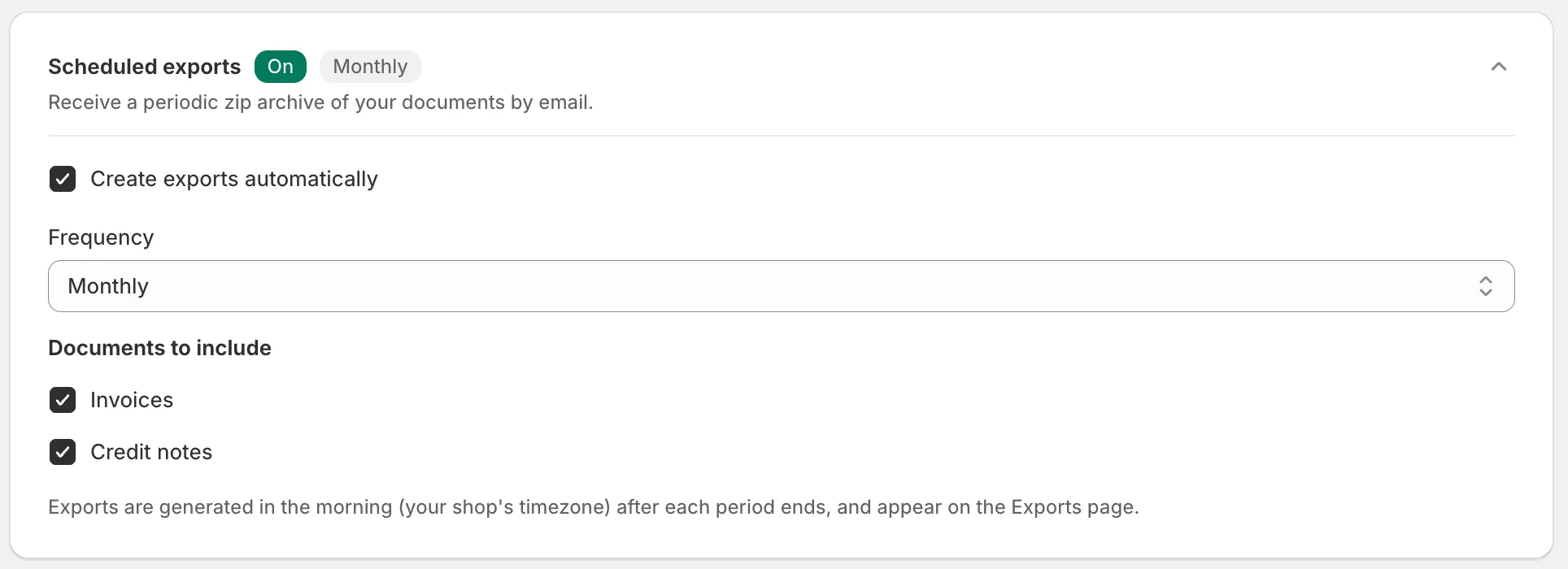 Invoice Inn, Automations page: the Scheduled exports card expanded with the On and Monthly badges, “Create exports automatically” ticked, Frequency set to Monthly and both “Invoices” and “Credit notes” ticked.