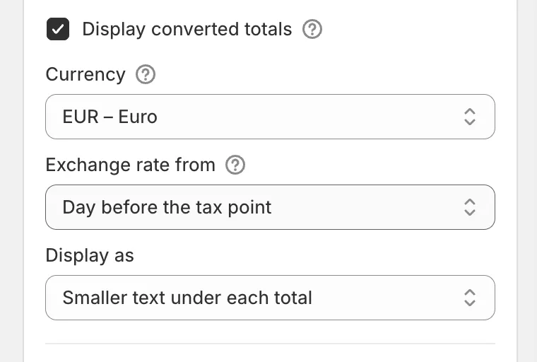 Invoice Inn, Customize > Content: “Display converted totals” ticked, and below it “Currency” set to “EUR – Euro”, “Exchange rate from” set to “Day before the tax point” and “Display as” set to “Smaller text under each total”.