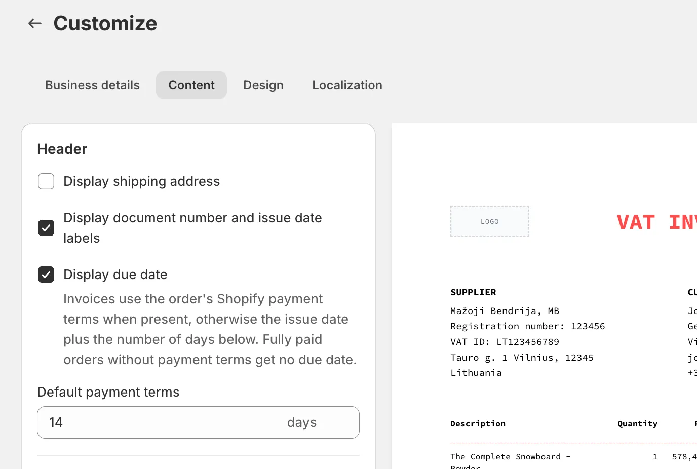 Invoice Inn, Customize > Content: the Header section with “Display due date” ticked, its explanation below, and “Default payment terms” set to 14 days, with the invoice preview beside it.