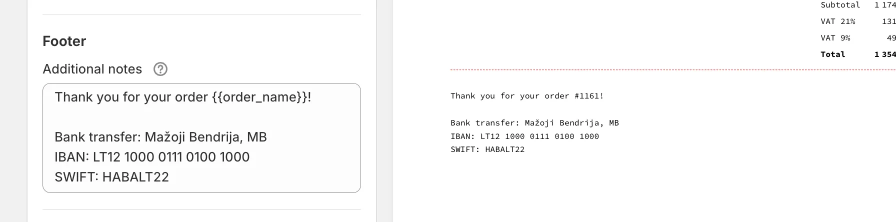 Invoice Inn, Customize > Content: the Footer section with a thank-you line using {{order_name}} and bank details in “Additional notes”, the variables help icon beside the label, and the preview printing the note below the totals as “Thank you for your order #1161!”.