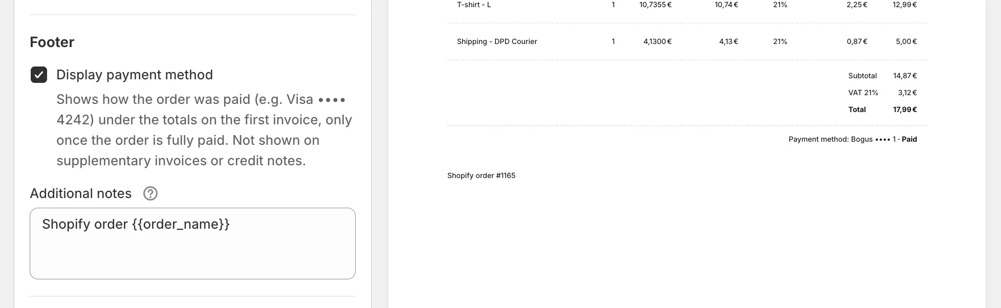 Invoice Inn, Customize > Content: the Footer section with “Display payment method” ticked above “Additional notes”, and the invoice preview beside it printing “Payment method: Bogus •••• 1 · Paid” under the totals.