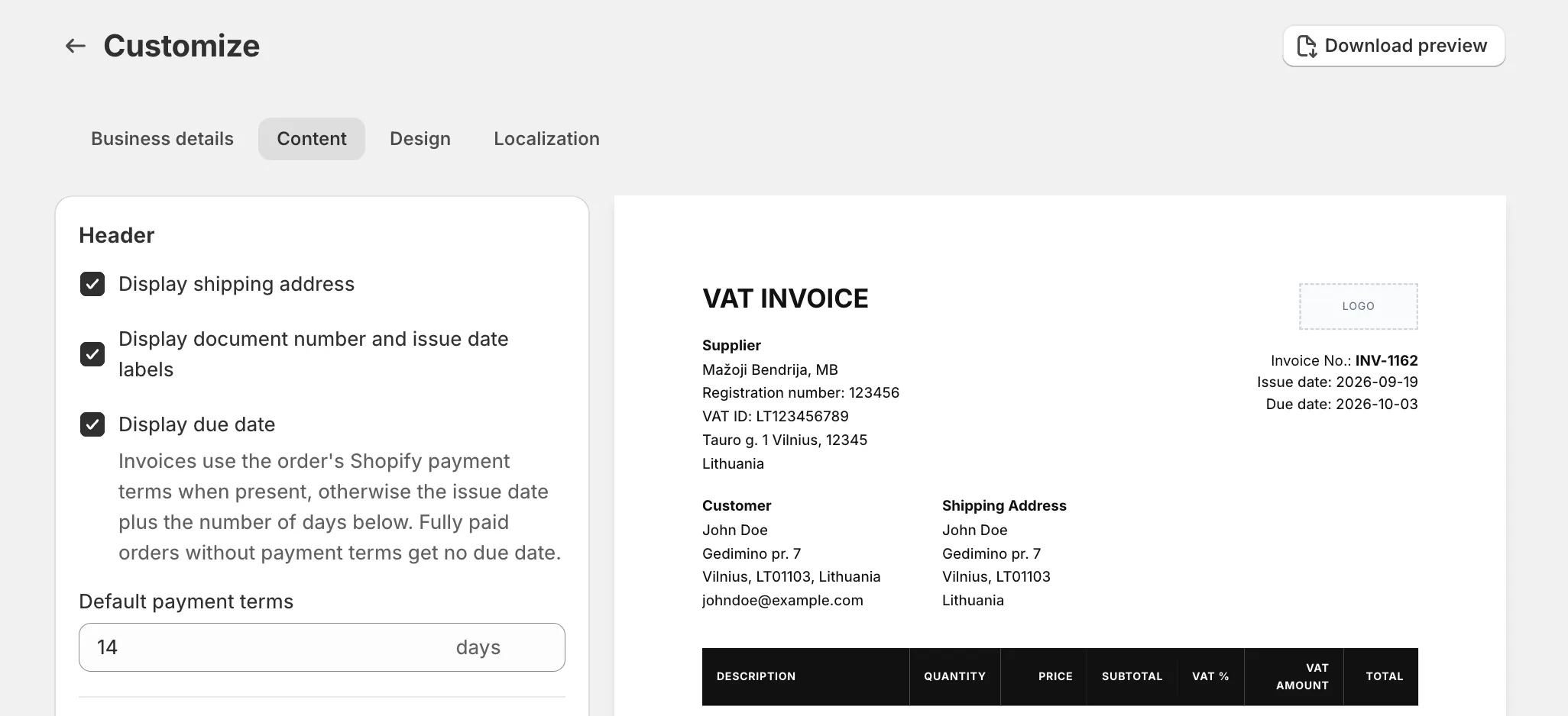 Invoice Inn, Customize > Content: the Header section with “Display shipping address” ticked and the preview showing a Shipping Address block beside Customer.