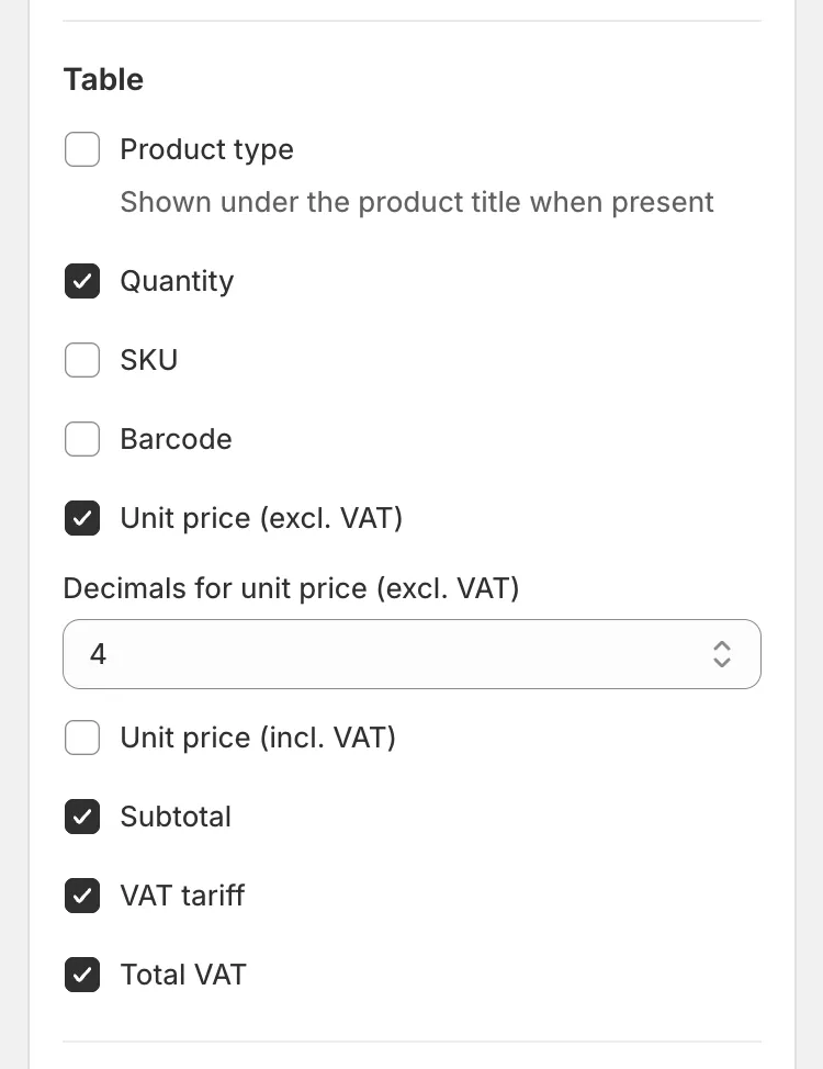 Invoice Inn, Customize > Content, Table section: “Unit price (excl. VAT)” ticked with “Decimals for unit price (excl. VAT)” set to 4 below it, “Unit price (incl. VAT)” unticked, and the Subtotal, VAT tariff and Total VAT columns ticked.