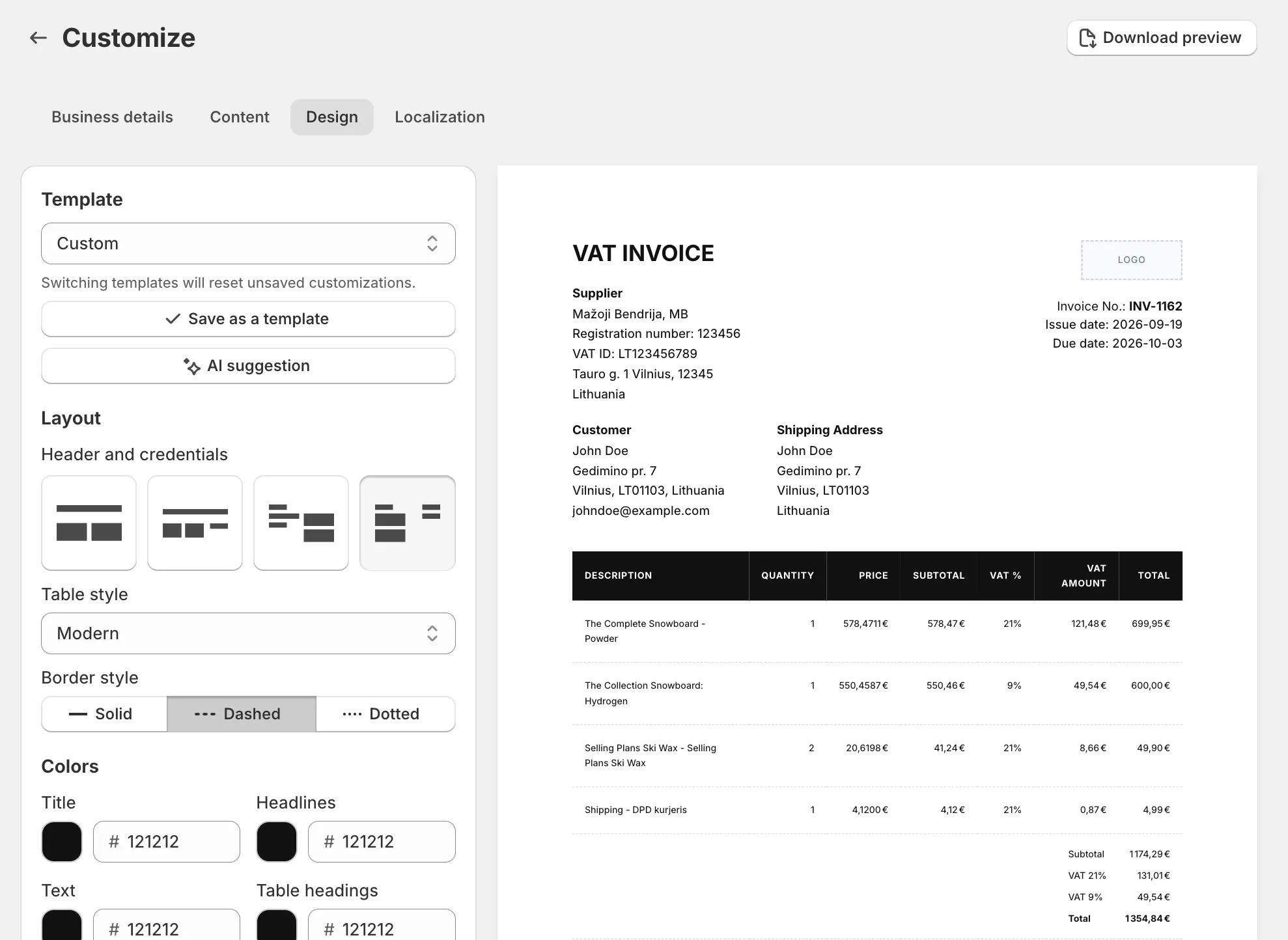 Invoice Inn, Customize > Design: the Template select reading Custom with “Save as a template” and “AI suggestion” below it, the Layout section with the four header layouts, Table style and Border style, the start of Colors, and the live invoice preview beside them.