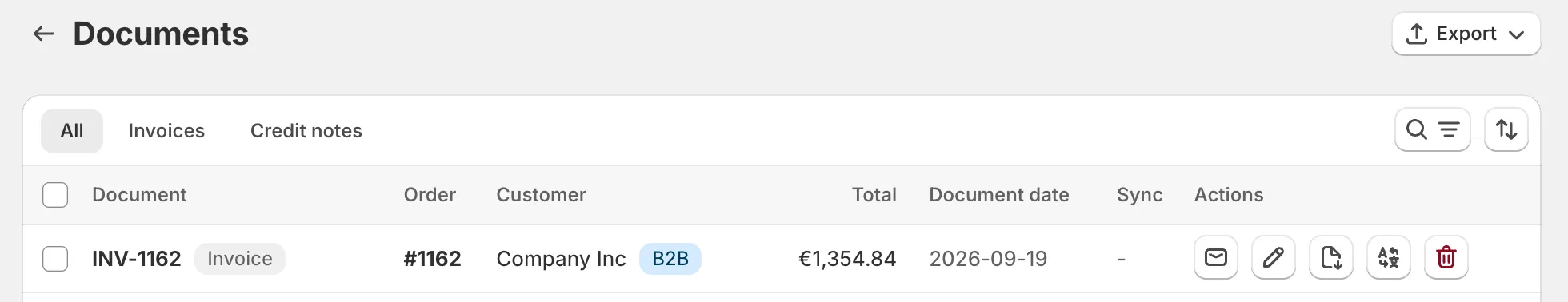 Invoice Inn, Documents page: an invoice row for the customer Company Inc with the blue “B2B” badge next to the name.