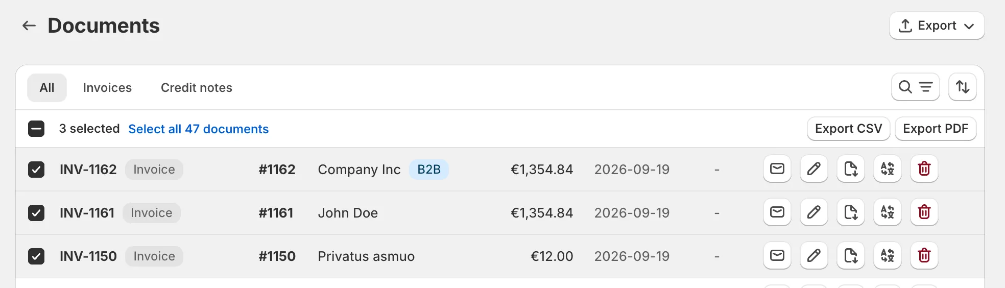 Invoice Inn, Documents page: three rows ticked, the bar reading “3 selected” with a “Select all 47 documents” link, and the “Export CSV” and “Export PDF” bulk actions on the right.