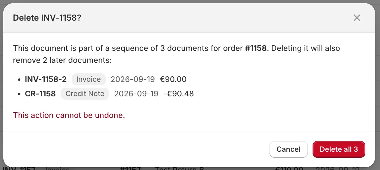 Invoice Inn, Documents: the “Delete INV-1158?” dialog explaining that the invoice is part of a sequence of 3 documents, listing the later supplementary invoice INV-1158-2 and credit note CR-1158 with their dates and amounts, and the “Delete all 3” button.