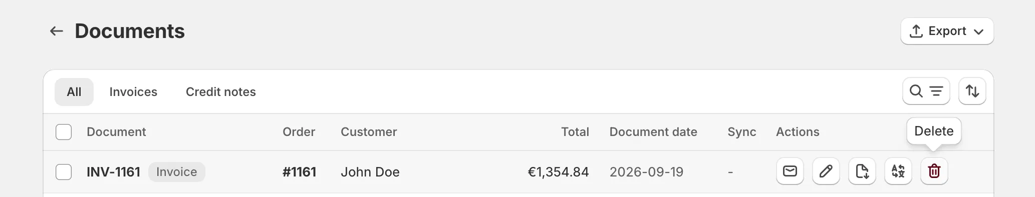 Invoice Inn, Documents page: an invoice row with its action icons, the bin icon hovered and showing the “Delete” tooltip.