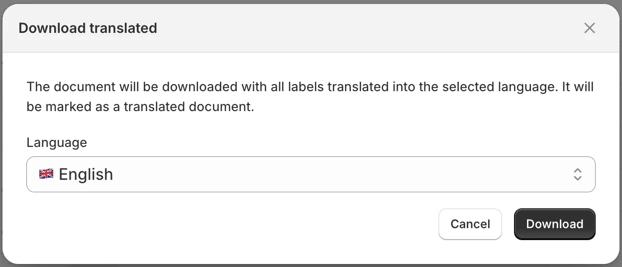 Invoice Inn, Documents: the Download translated dialog explaining that the copy is marked as a translated document, the Language select, and the Cancel and Download buttons.