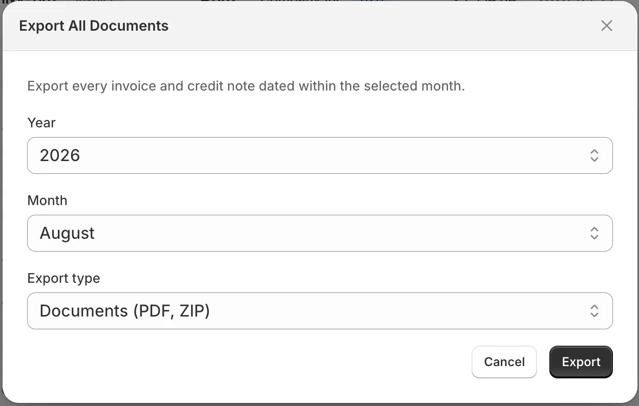 Invoice Inn, Documents page: the “Export All Documents” dialog with Year 2026, Month August and “Export type” set to “Documents (PDF, ZIP)”.