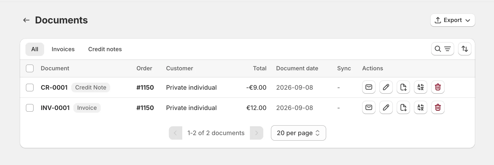 Invoice Inn, Documents page: the All / Invoices / Credit notes tabs, a credit note row and an invoice row with their type badges, and the row action icons.