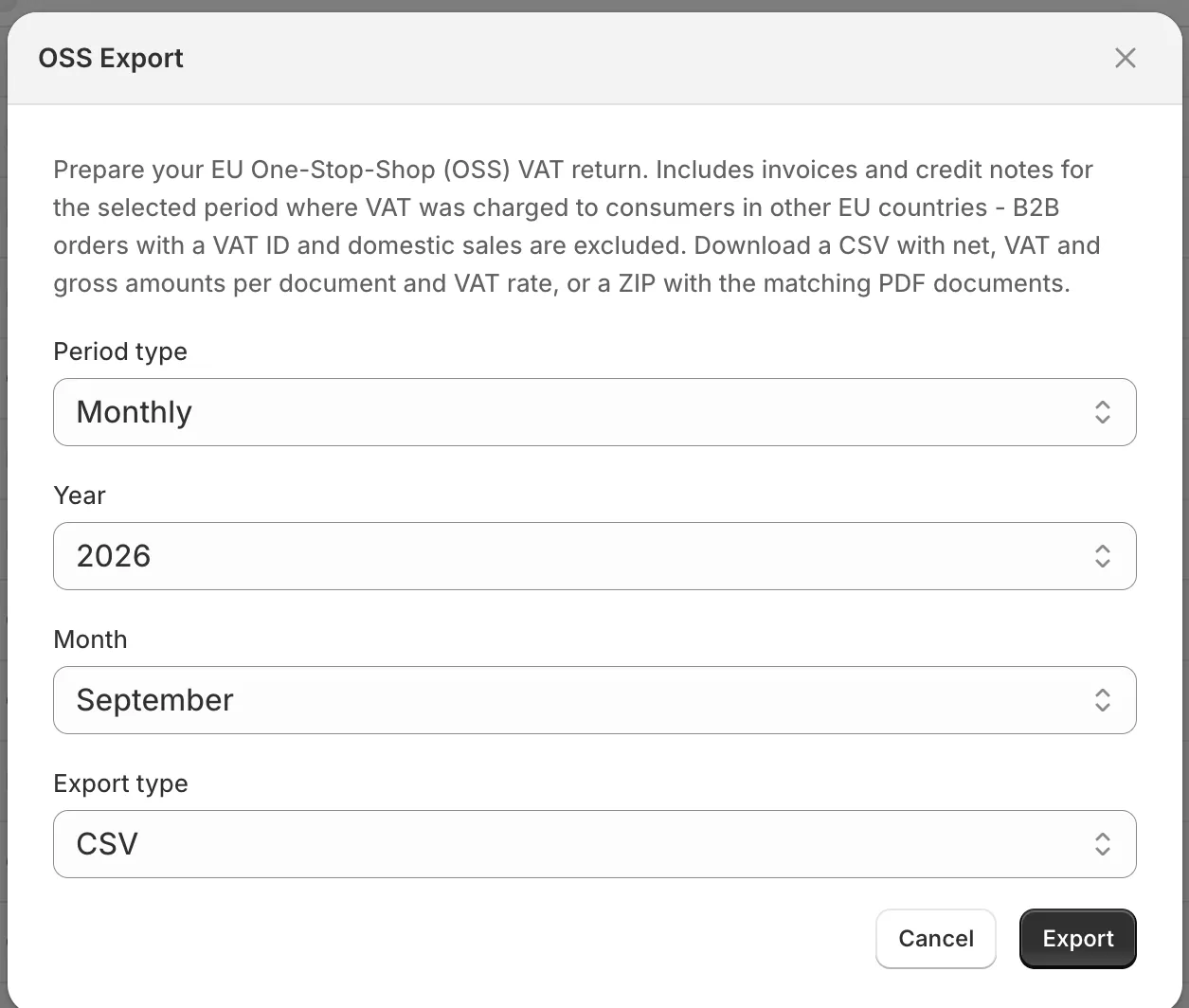 Invoice Inn, Documents page: the “OSS Export” dialog explaining what it includes, with “Period type” set to Monthly, Year 2026, Month September and “Export type” set to CSV.