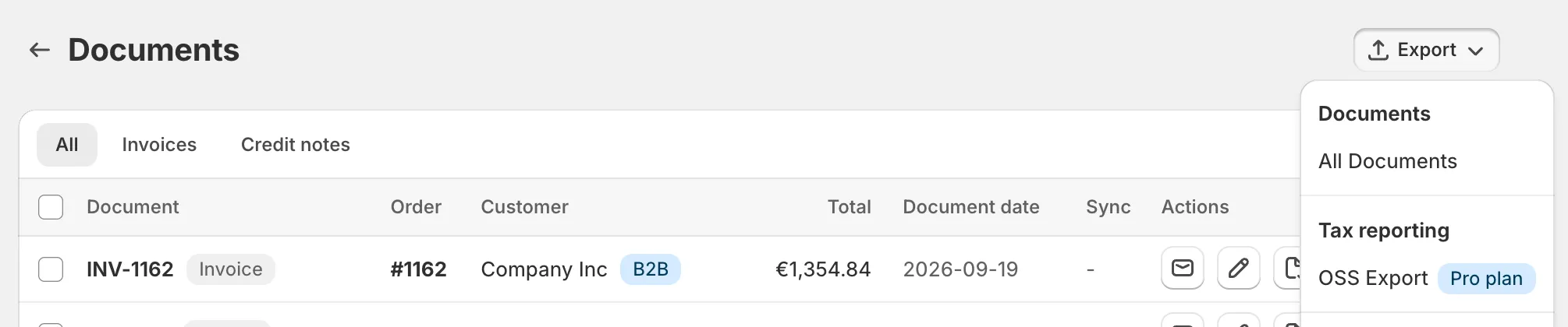 Invoice Inn, Documents page: the Export menu open, with All Documents under Documents and “OSS Export” with a “Pro plan” badge under Tax reporting.