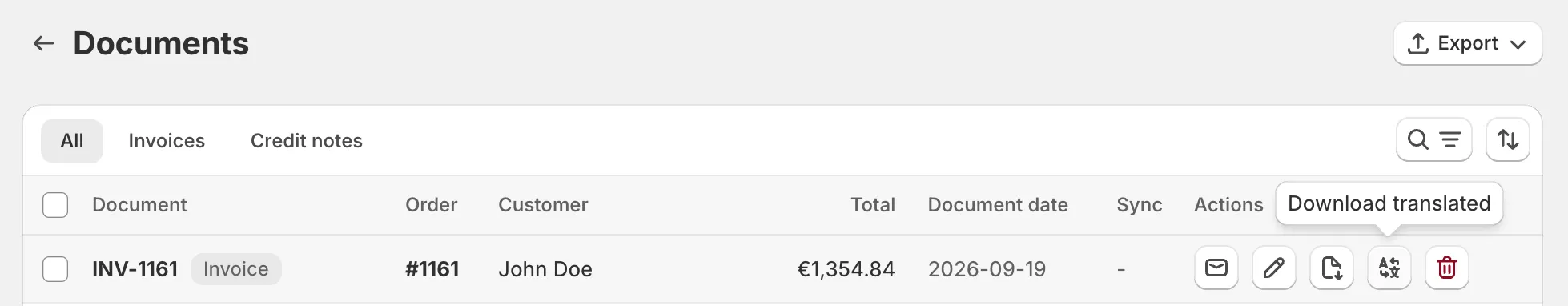 Invoice Inn, Documents page: an invoice row with its action icons, the translate icon hovered and showing the “Download translated” tooltip.