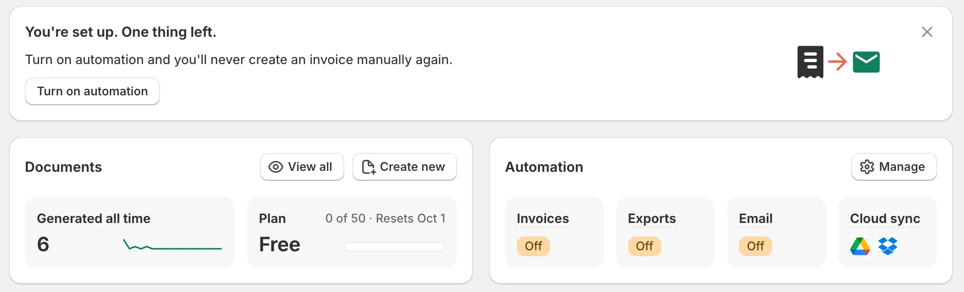 Invoice Inn Home page right after setup: the “You’re set up. One thing left.” card with its “Turn on automation” button above the overview stats.