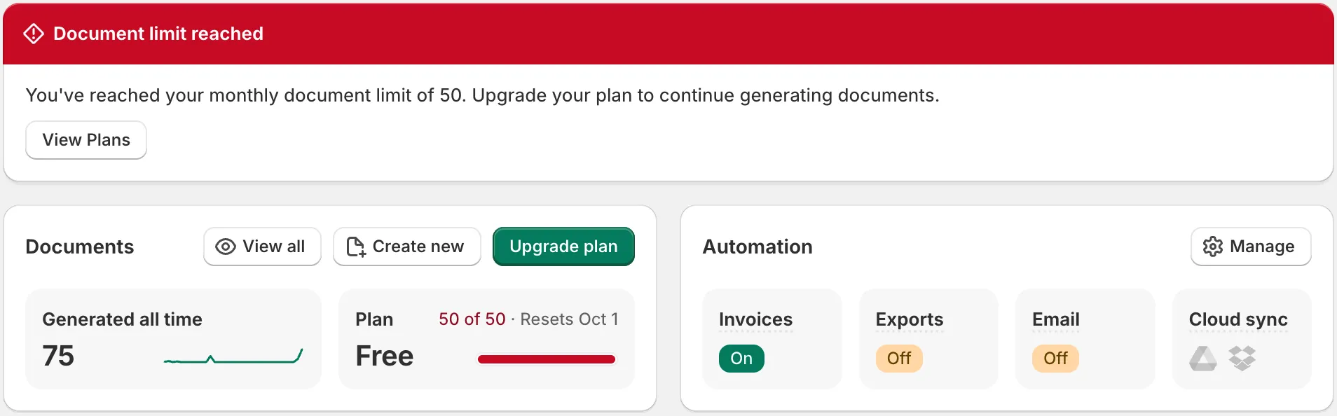 Invoice Inn, Home page: the red “Document limit reached” banner with the “View Plans” button, and below it the Documents card with an “Upgrade plan” button and the Free plan reading “50 of 50 · Resets Oct 1” over a full red bar.