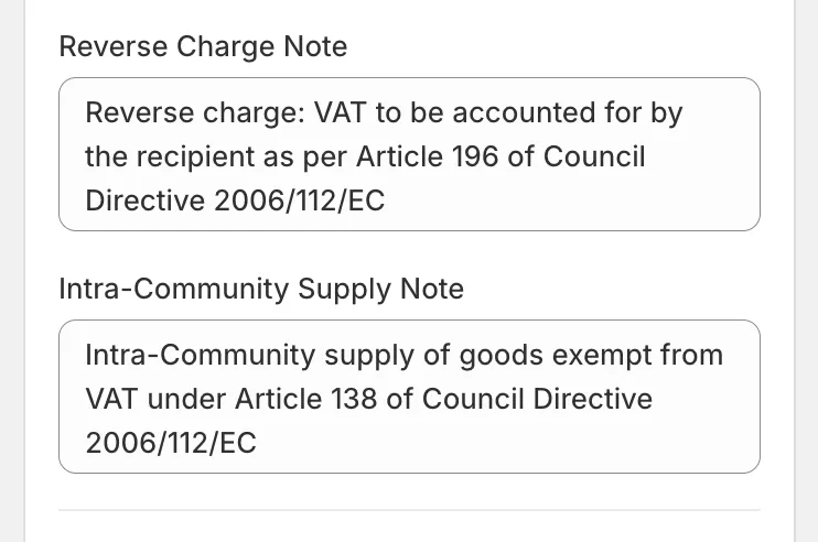 Invoice Inn, Customize > Localization, Translations card: the “Reverse Charge Note” field citing Article 196 and the “Intra-Community Supply Note” field citing Article 138 of Council Directive 2006/112/EC.