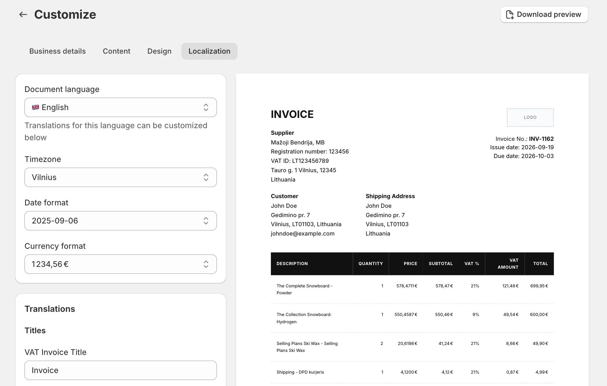 Invoice Inn, Customize > Localization: Document language set to English, Timezone, Date format and Currency format, the Translations card below starting with the Titles group, and the invoice preview beside them.