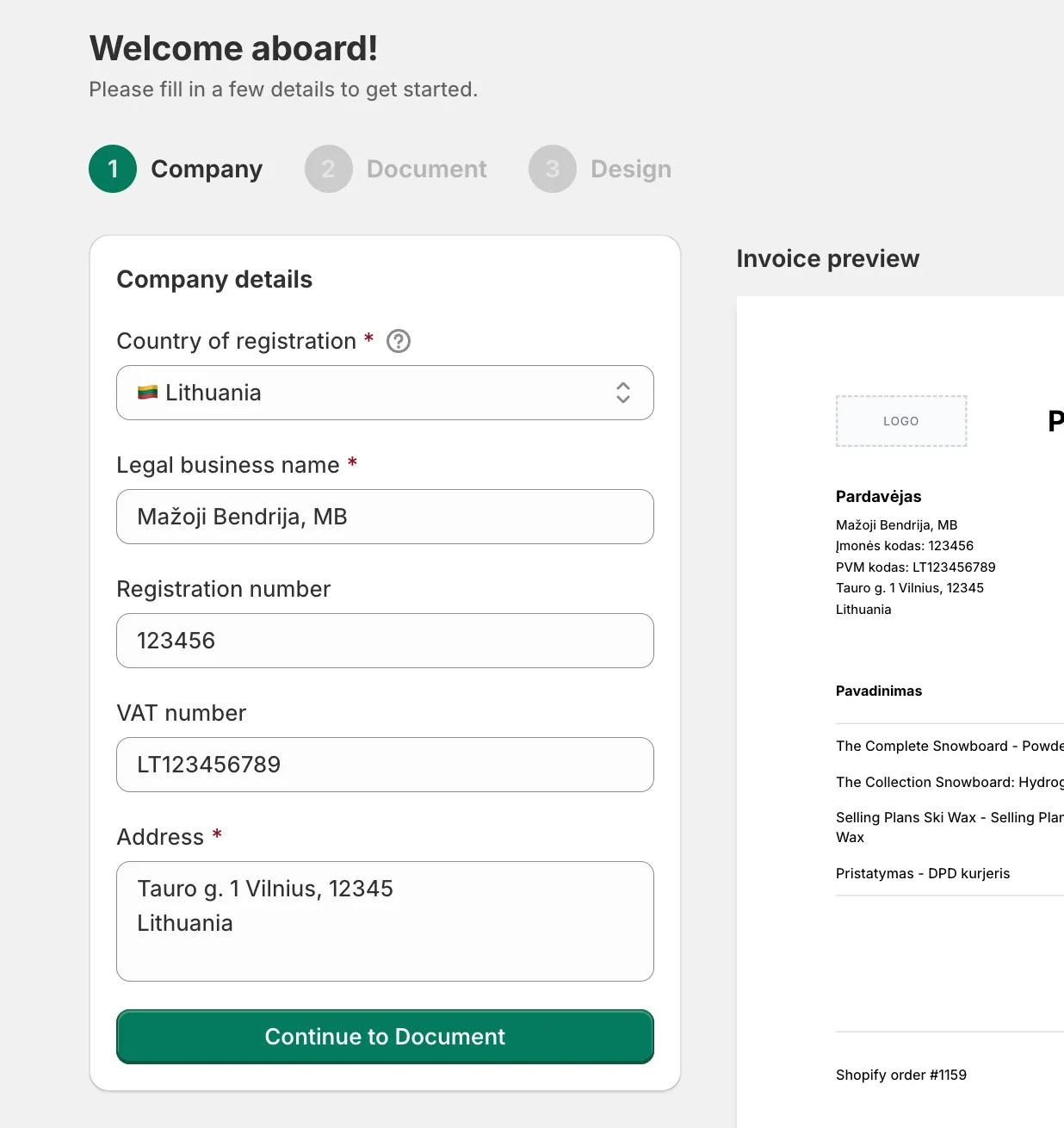 Invoice Inn setup, step 1 “Welcome aboard!”: the Company details card with the prefilled country, name and address, and the Invoice preview beside it.