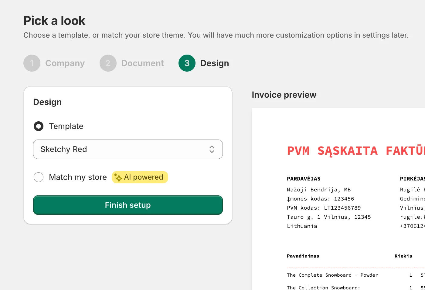 Invoice Inn setup, step 3 “Pick a look”: Template selected with Sketchy Red chosen, “Match my store” below it with the AI powered badge, and the Invoice preview in the Sketchy Red style.