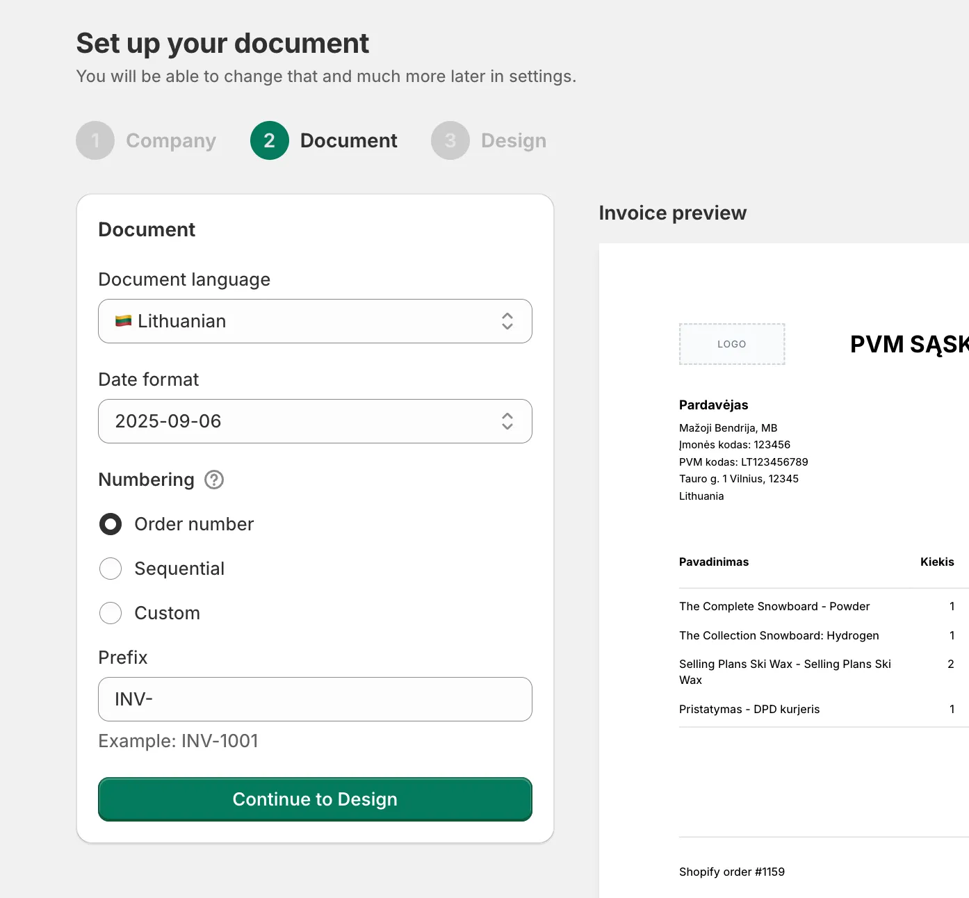 Invoice Inn setup, step 2 “Set up your document”: Document language and Date format, the Numbering options with Order number selected, and the Prefix field set to INV- with “Example: INV-1001” below it.