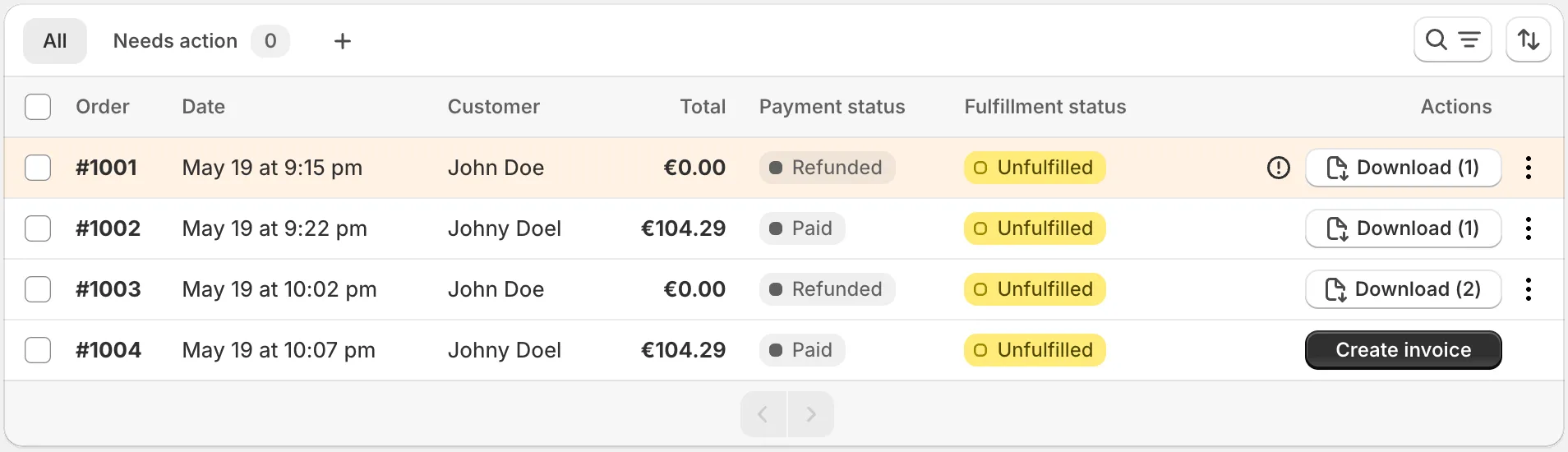 Invoice Inn, Orders page: the “All” tab sorted by Date, oldest first, with an order that has no invoice yet showing the “Create invoice” button in its row.