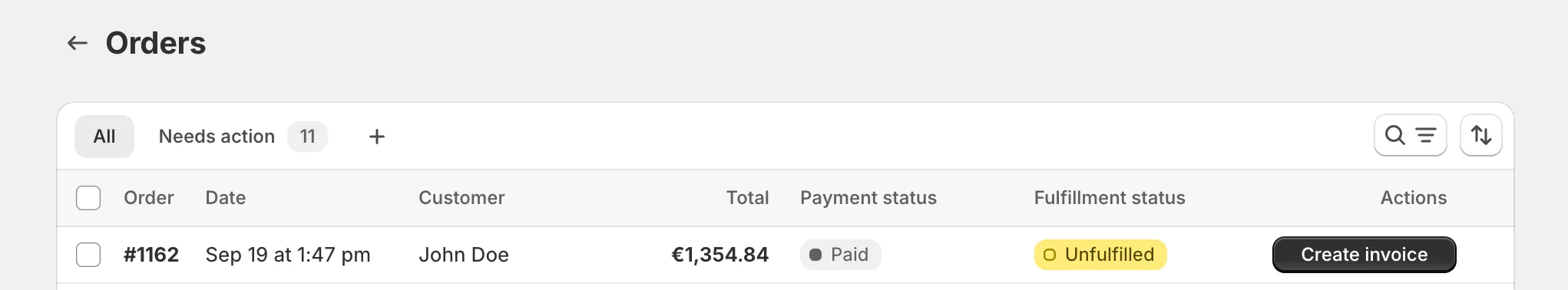 Invoice Inn, Orders page: the All tab with the order list, and a “Create invoice” button on order #1162, which has no document yet.