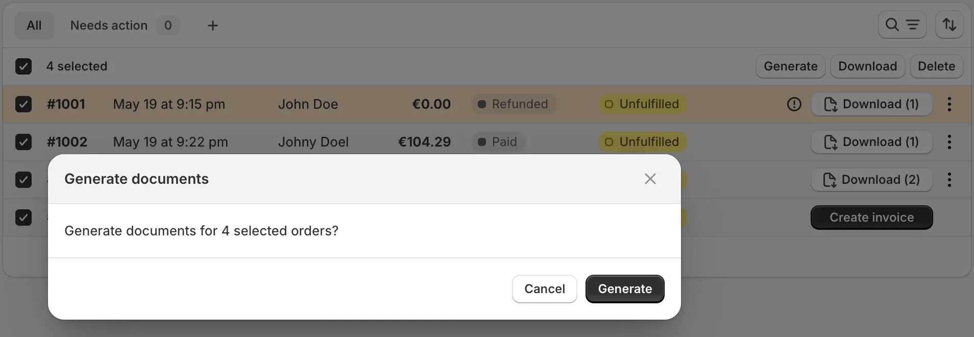 Invoice Inn, Orders page: every row ticked and the “Generate documents” dialog asking “Generate documents for 4 selected orders?” with its Generate button.