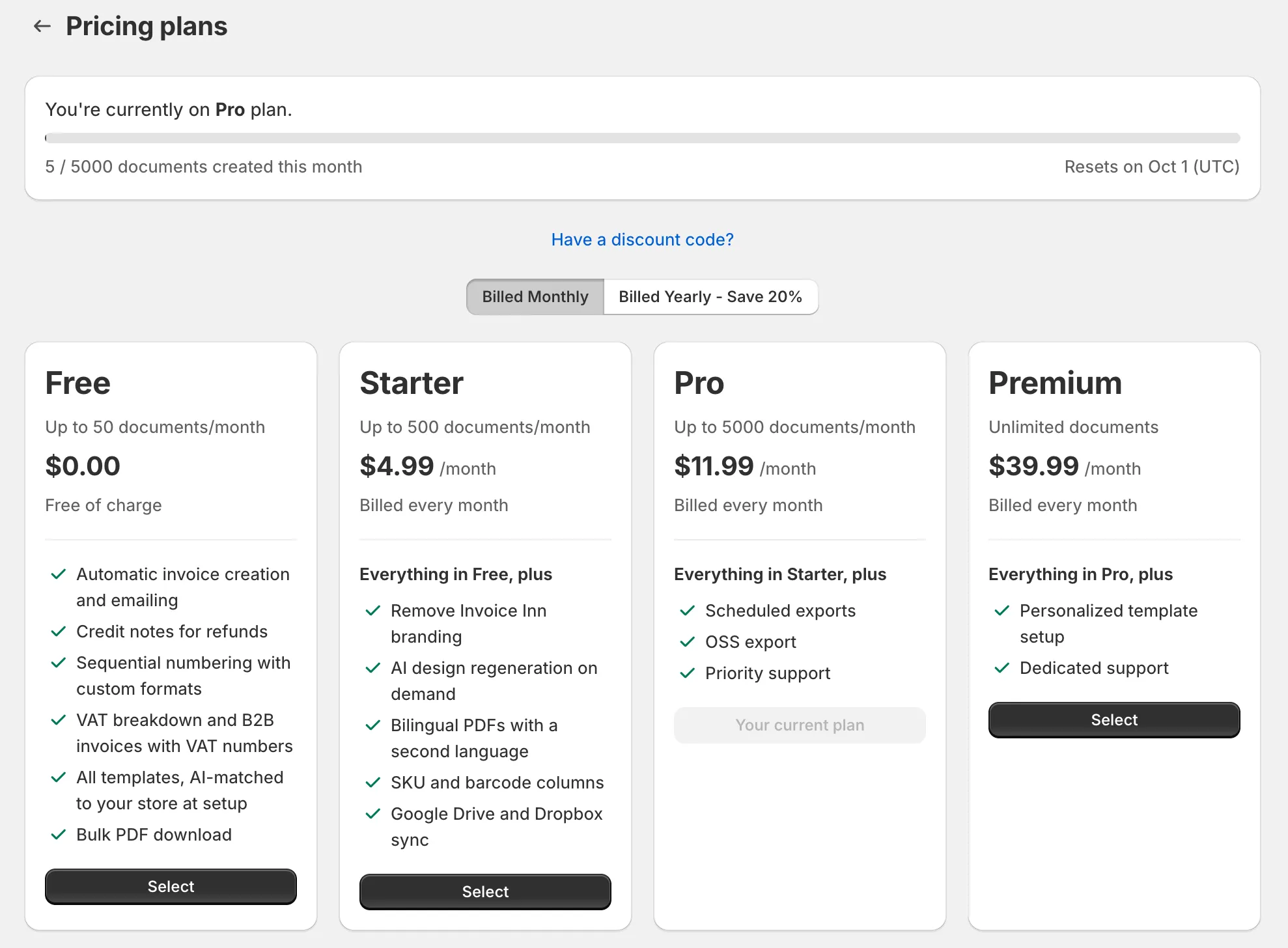 Invoice Inn, Pricing plans page: the usage card reading “You’re currently on Pro plan” with the progress bar, “5 / 5000 documents created this month” and “Resets on Oct 1 (UTC)”, the “Billed Monthly” / “Billed Yearly - Save 20%” toggle, and the Free, Starter, Pro and Premium plan cards below.