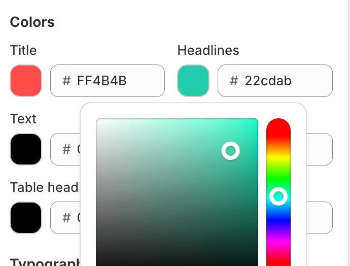 Colour pickers for title, headline, text and table header colours