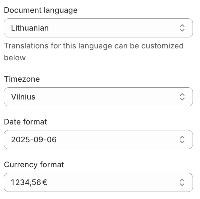 Document language set to Lithuanian, with a timezone selector below
