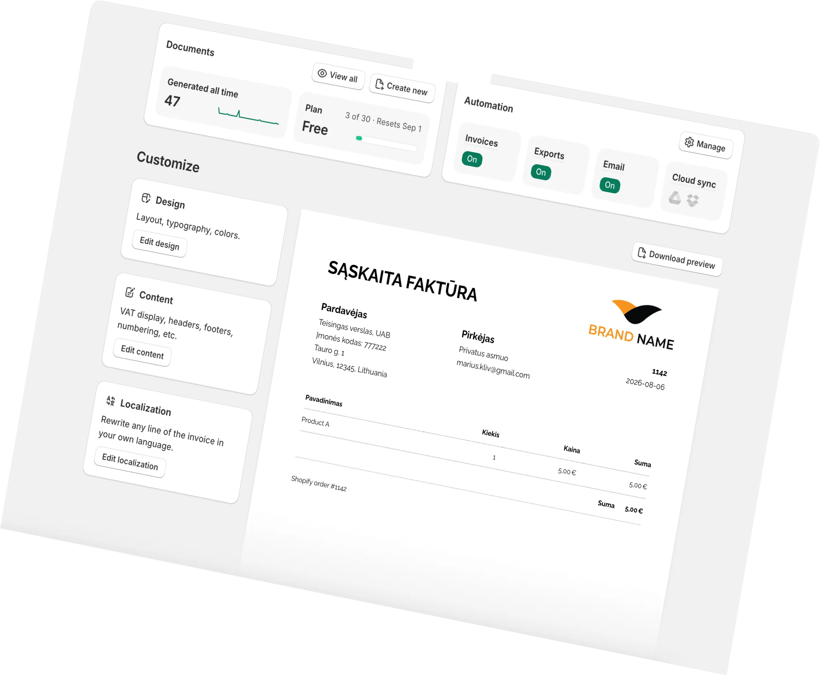 The Invoice Inn dashboard on a laptop, showing document, automation and design settings