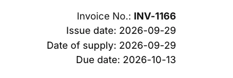 An Invoice Inn invoice header: “Invoice No.: INV-1166”, “Issue date: 2026-09-29”, “Date of supply: 2026-09-29” below it, then “Due date: 2026-10-13”.