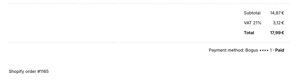 An Invoice Inn invoice: Subtotal, VAT 21% and Total, then “Payment method: Bogus •••• 1 · Paid” right-aligned under them, and the footer note “Shopify order #1165” below.