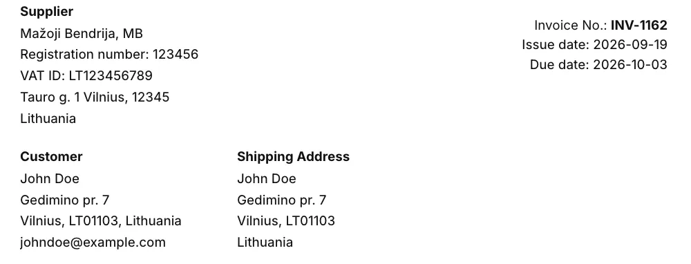 An Invoice Inn invoice header with three blocks, Supplier, Customer and Shipping Address.