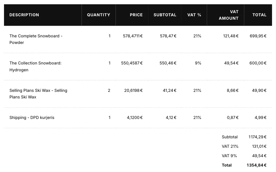 Invoice PDF crop of the line table: the “Shipping - DPD kurjeris” line at 21% with its VAT amount of 0,87 €, below the product lines, and the totals with the VAT per rate underneath.