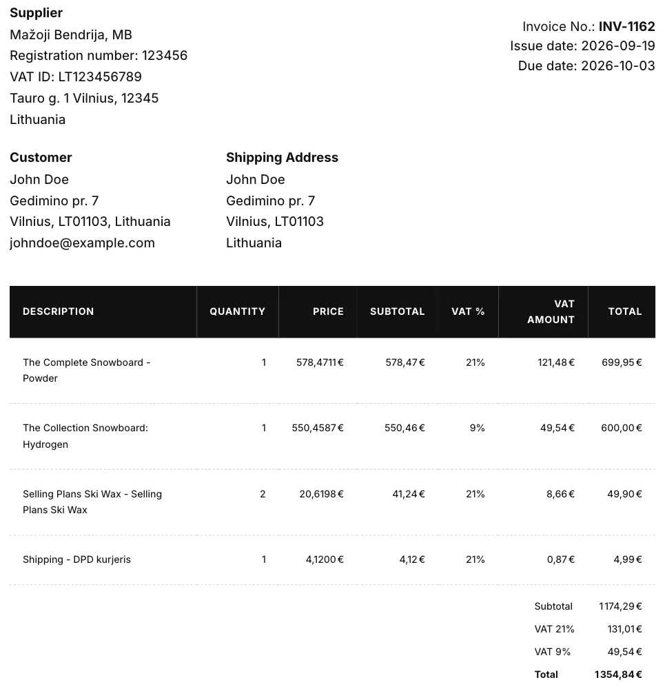 Invoice PDF crop for an order with two VAT rates: the Supplier block with the VAT ID, the VAT % column with lines at 21% and 9%, and the totals with separate “VAT 21%” and “VAT 9%” rows.