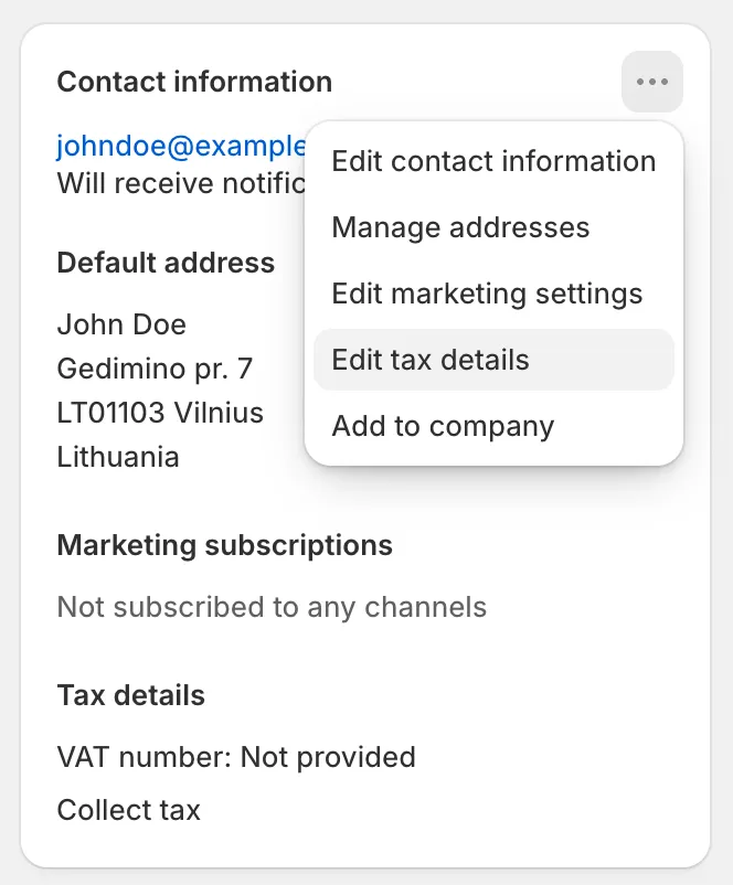 Shopify admin, a customer page: the Contact information card with its menu open and “Edit tax details” highlighted, and the card’s Tax details showing “Collect tax”.