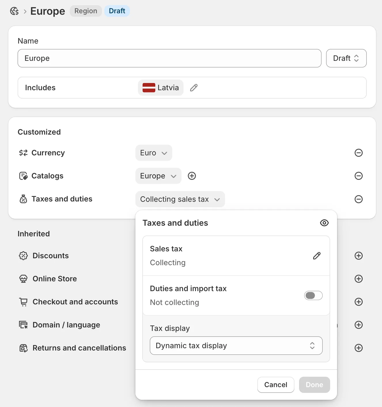 Shopify admin, Markets > Europe: the Taxes and duties panel with Sales tax collecting, Duties and import tax off, and Tax display set to Dynamic tax display.