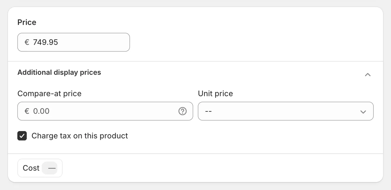 Shopify admin, a product page: the Price card expanded, with Charge tax on this product ticked.