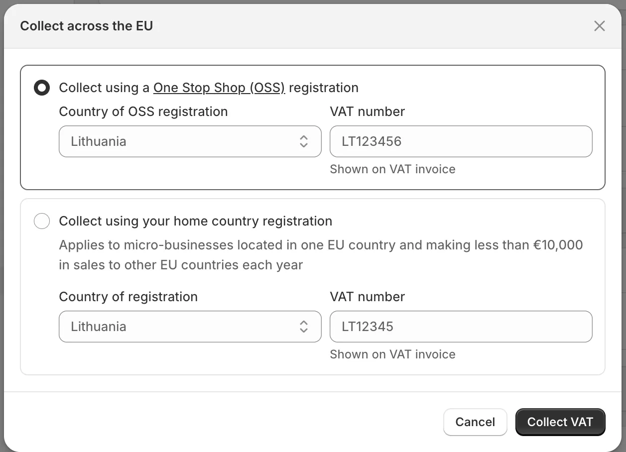 Shopify admin, Settings > Taxes and duties > European Union: the “Collect across the EU” dialog with “Collect using a One Stop Shop (OSS) registration” selected, its country and VAT number fields, and below it “Collect using your home country registration” for micro-businesses under €10,000 of EU cross-border sales.