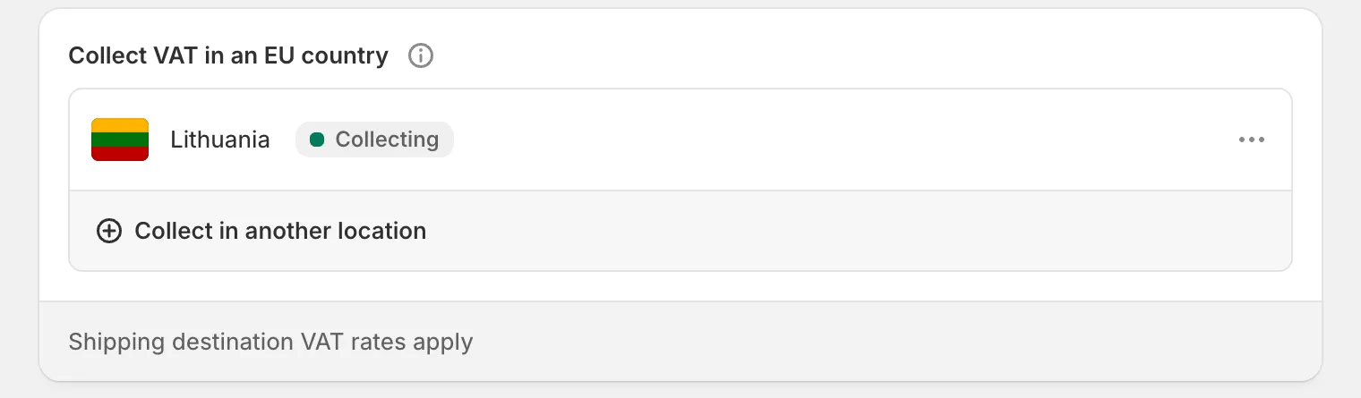 Shopify admin, Settings > Taxes and duties > European Union: the Collect VAT in an EU country card with one country listed as Collecting.