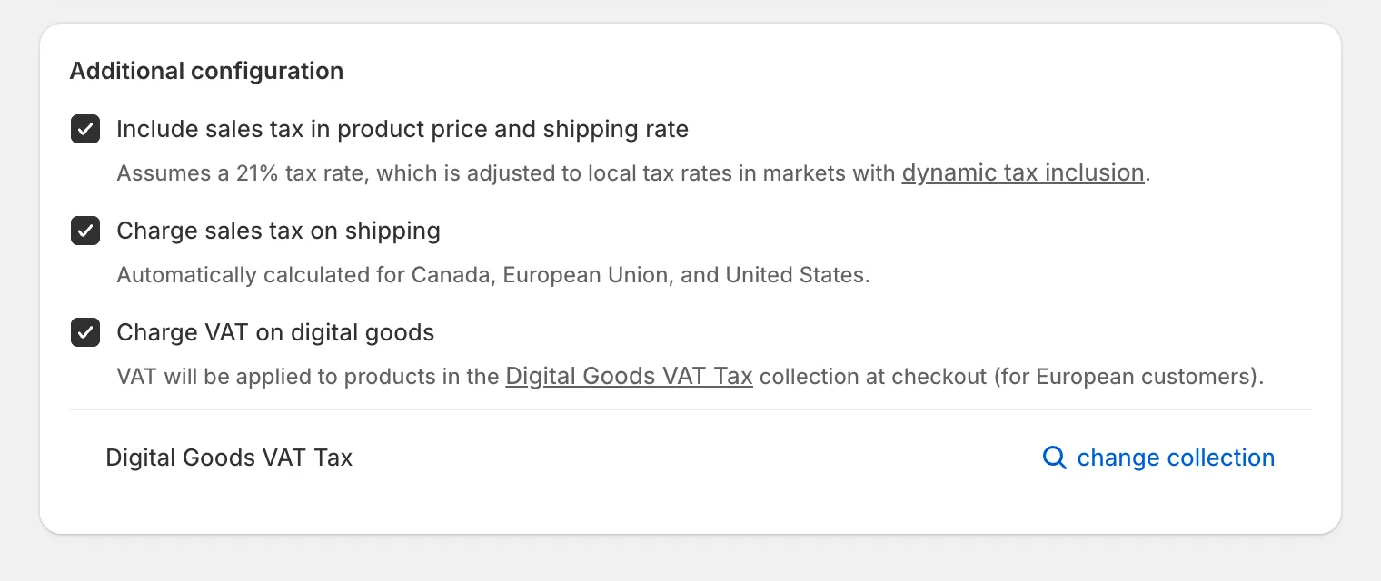 Shopify admin, Settings > Taxes and duties: the Additional configuration card with Include sales tax in product price and shipping rate and Charge sales tax on shipping ticked.